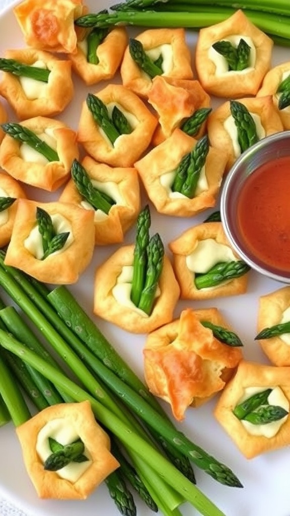 Savory puff pastry bites filled with cheese and asparagus on a platter with fresh asparagus.